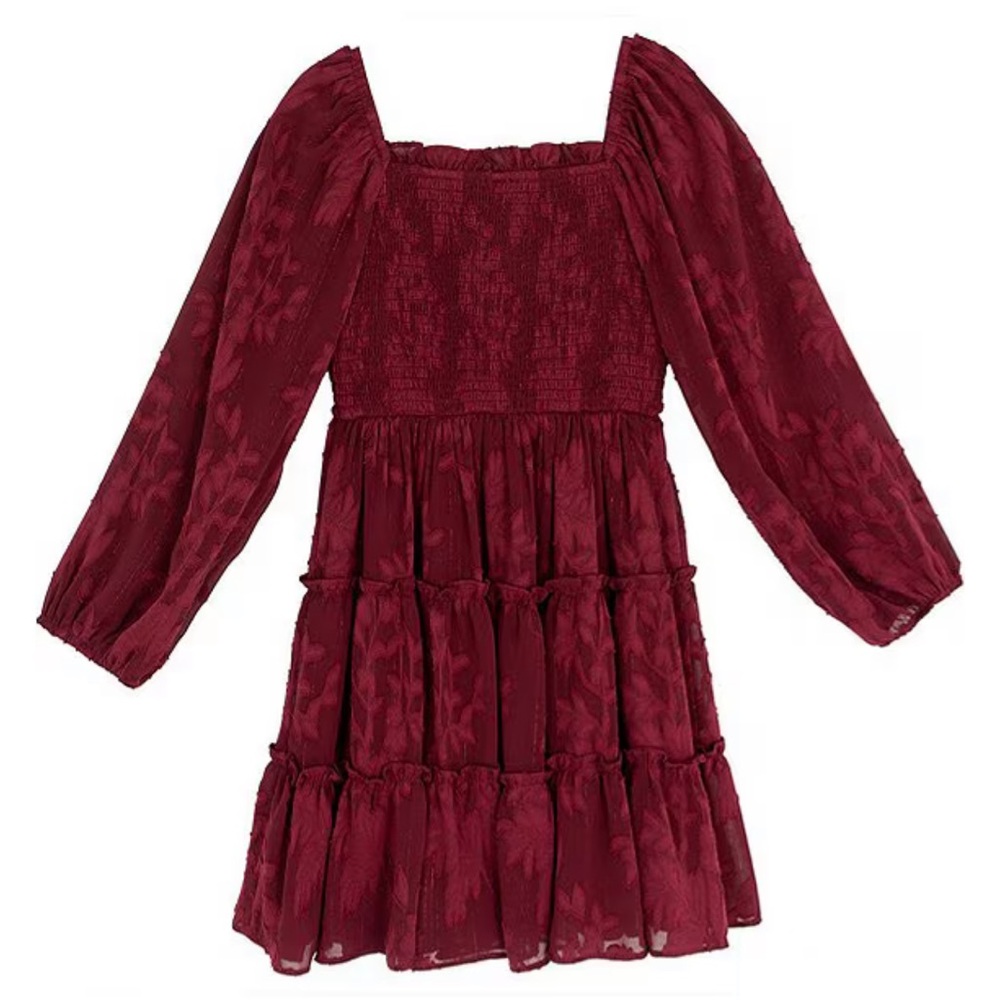 Rare Editions Burgundy Smocked Chiffon Dress